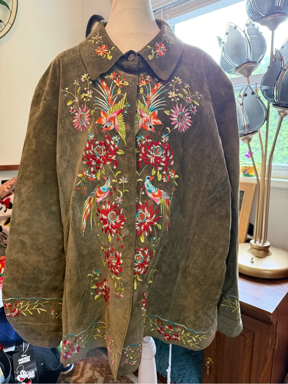 Olive Embroidered Suede Women's Jacket with Floral & Bird Motif 3x plus boho